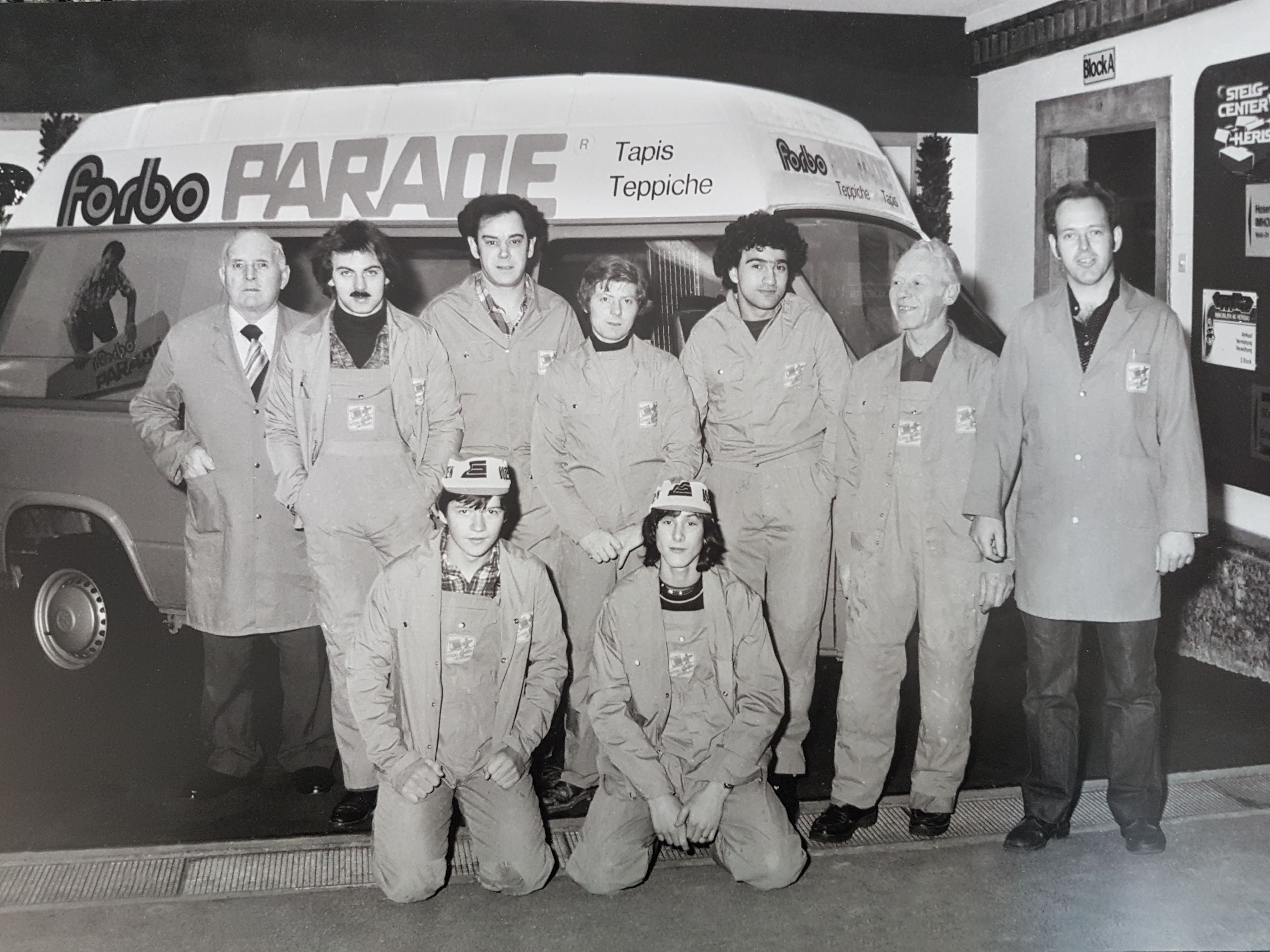 Bleiker - Team Anfang 1980 mit dem Senior Chef und Gründer Ruedi Bleiker (ganz rechts)